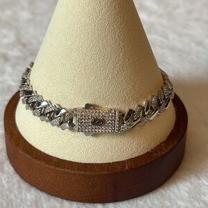 18k White Gold Filled AAA CZ Cuban Link Box Lock Bracelet 8”